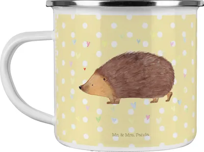 Produktbild von Mr. & Mrs. Panda Teetasse Igel Herzen - Gelb Pastell - Geschenk, Pott, Teebecher, Emaille Tasse, Kaffeepott, Haferl, Kuss, Herz, Lustige Sprüche, Vertrauen, Leben