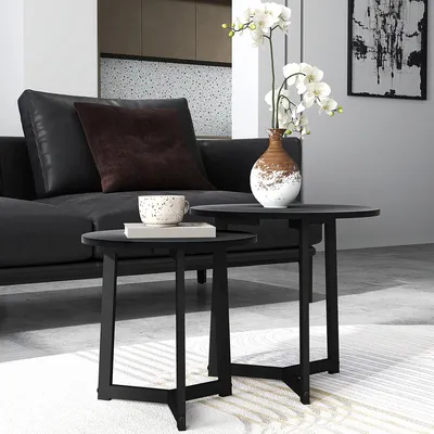 Produktbild von SUGIFT Satztisch rund ineinander schiebbar, Couchtisch Set 2er, Beistelltisch Schwarz MDF Stahlgestell  |  bis 35 kg  |  Ø40 x 40 cm  |  Ø48 x 45 cm