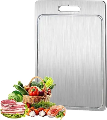 Produktbild von Schneidebrett aus Edelstahl 304, Küchenschneidebrett, doppelseitiges Schneidebrett mit Saftrinne, für Fleisch, Brot, Gemüse und Obst, leicht zu reinig