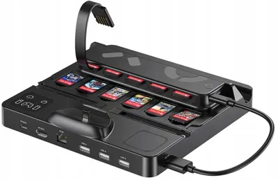 Productafbeelding van Unitek oplaadstation voor de Nintendo Switch, met schakelaar en kaartlezer voor spelkaarten