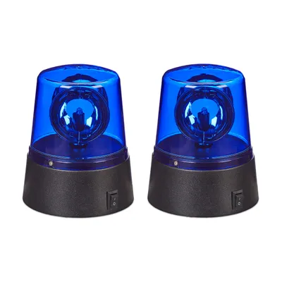 Produktbild von Relaxdays LED Blaulicht, 2er Set, Rundumleuchte mit drehendem Reflektor, Partylicht, Geburtstag, batteriebetrieben, blau, Kunststoff