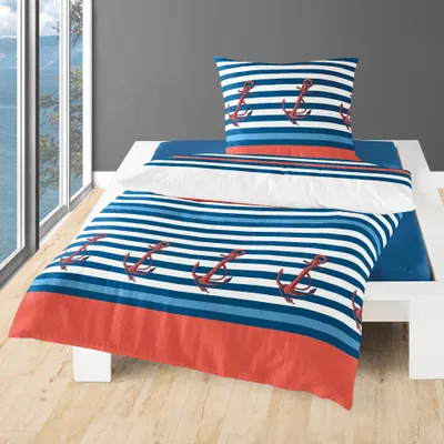 Produktbild von Bettwäsche Bierbaum Seersucker 3704-20 Blau Weiß Rot Anker 135x200