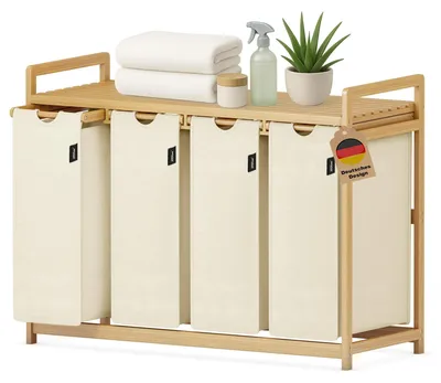 Image de Panier à linge de 198 litres avec 4 compartiments et une structure en bambou robuste