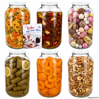 Image de Lot de 6 bocaux de conservation de 4,25 litres, bocaux de stockage, modèle TO100, couvercles blancs, livret de recettes