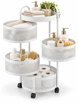 Produktbild von Relaxdays Rollwagen, 4 Körbe, Ablage, Metall, H x D: 79,5 x 33 cm, 4 Rollen, Küche, Bad, Büro, Beistellwagen, weiß, KI-generiertes Bild