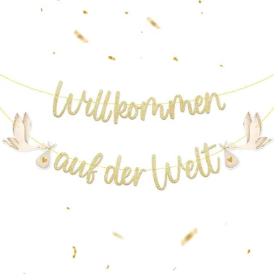 Productafbeelding van Babygirlande "Welkom thuis" met stiertmotief, gouden glinsterkarton, 220 cm