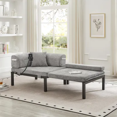 Produktbild von Massivholz-Klappsofa hellgrau, multifunktionales Einzelbett mit Ausziehfunktion