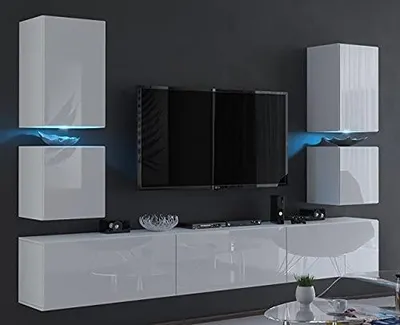 Produktbild von Furnitech Wohnwand Wohnzimmer - Hängend Wohnwand Modern - Regale und TV Schrank - Wohnzimmer Möbel ohne LED (C75-HG-W2 1A Weiß)