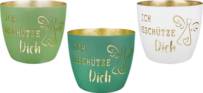 Produktbild von Gilde Windlicht, "Ich beschütze Dich", Engelmotiv, Spruch, Metall, grün, weiß, H. 8.5 cm, D. 10 cm 52725 4063387527252 3 Stück (3-fach sortiert)