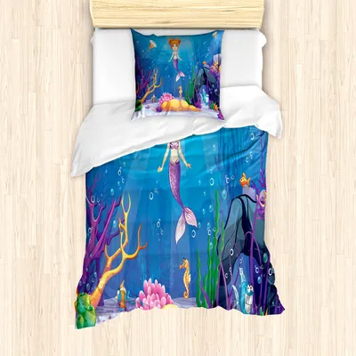 Produktbild von ABAKUHAUS Meerjungfrau Mantele, Cartoon Mermaid Fisch, Milbensicher Allergiker geeignet mit Kissenbezügen, 135 cm x 200 cm - 80 x 80 cm, Mehrfarbig
