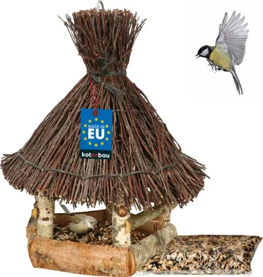 Obrázek produktu pro KOTARBAU® Ptačí budka na zavěšení ⌀ 29 cm s proutěnou střechou Dřevěná ptačí budka Krmítko pro ptáky + ptačí krmivo 0,5 kg Přírodní