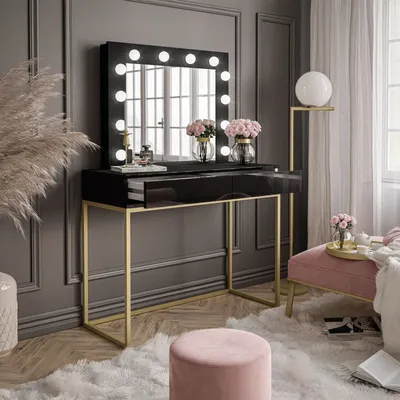 Produktbild von Schminktisch BLANCO GOLD mit Spiegel und LED-Beleuchtung Gold matt / Schwarz hochglanz Push-to-Open