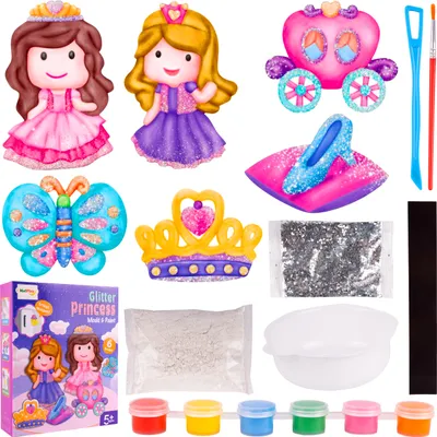 Produktbild von MalPlay Kühlschrankmagnete Prinzessin Krone 6 Stk DIY Magnete bemalbare, Farben, Schablonen, Gips, Kühlschrankmagnete herstellen Kinder ab 5 Jahren