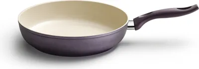 A ceramic frying pan with a purple exterior and cream interior, shown from a side angle on a white background.