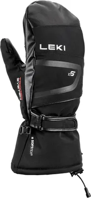 A black ski mitten with brand logos and text.