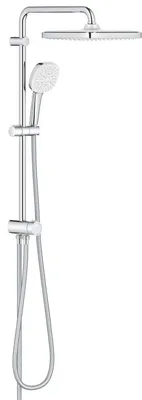 A shower system with a rain showerhead and a handheld showerhead, mounted on a vertical bar.