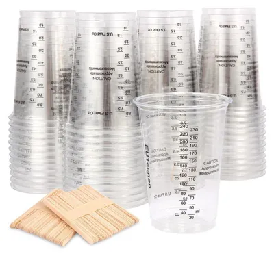 Obrázek produktu pro Sada odměrných kelímků a míchacích tyčinek, objem 240 ml, 50 kusů, pro epoxidovou pryskyřici, barvy a pigmenty