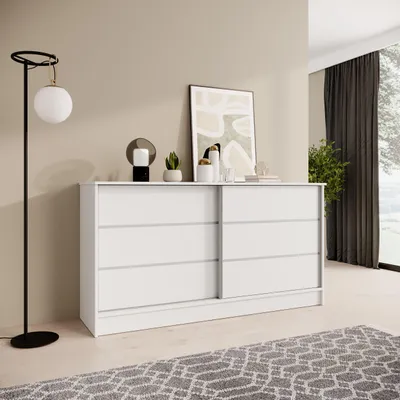Obrázek produktu pro BEAUTYSOFA | Komoda MIRELA 160 cm, bílá, příborník se 2 posuvnými dvířky, moderní design, dostatek úložného prostoru
