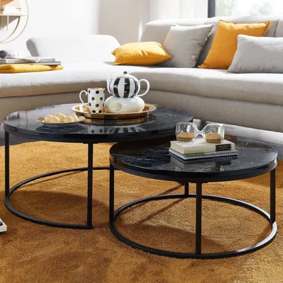 Produktbild von WOHNLING Couchtisch 2er Set Schwarz Marmor Optik Sofatisch Rund Modern Beistelltisch 2-teilig Metall Runde Wohnzimmertische Design Satztische