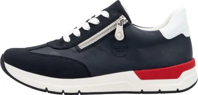A side view of a blue sneaker with white laces and a red accent on the sole.