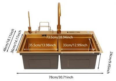 Zdjęcie produktu dla Zlewozmywak kuchenny - podwójna komora, 78x46 cm. Materiał: stal nierdzewna 304. Z kranem. Prostokątny. Kolor: złoty