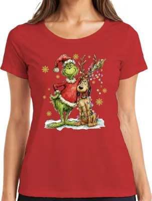 Produktbild von Grinch Weihnachten Rentier Lichterkette Schneeflocken Geschenk Damen T-Shirt, Rot, XXL