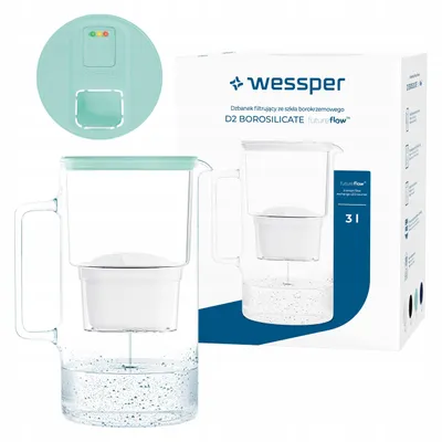 Immagine prodotto di Wessper D2 BOROSILICATE futureflow™ Caraffa filtrante per acqua da 3 L alla menta – con filtro AquaMax