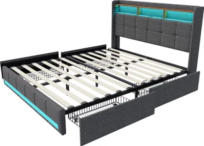 Obrázek produktu pro Čalouněná postel 140x200 cm s USB, postel pro mladé manželská postel s roštovým rámem a 4 zásuvkami, úložná postel s LED diodou, povlečení, šedá barva