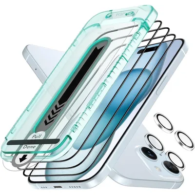 Productafbeelding van Beschermfolie-set voor iPhone 15 Plus, gehard glas, 3 stuks schermbeschermfolie, 2 sets camera beschermers, met applicatieframe