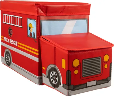 A red toy fire truck storage box with a lid.