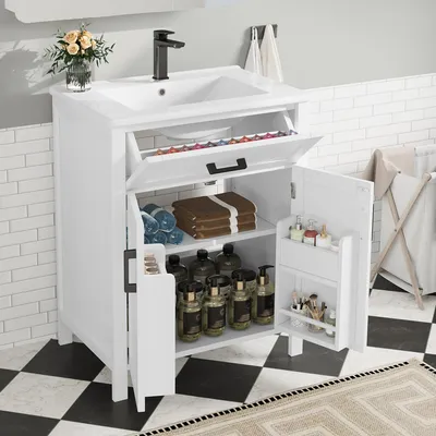 Image de Armoire de salle de bains avec lavabo, étagère à deux portes & tiroirs, étagères réglables, lavabo en céramique, entièrement blanc