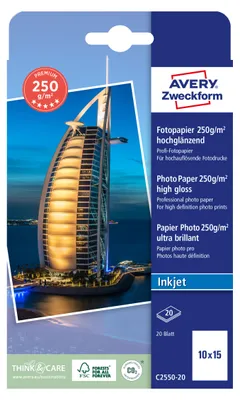 Zdjęcie produktu dla Avery C2550-20, Wysoki połysk, 250 g/m², Atramentowa, 10x15 cm, Biały, 20 ark.