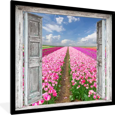 Produktbild von MuchoWow® Gerahmtes Poster Blumen - Tulpen - Ansicht - Regenbogen 40x40 cm - Poster mit Schwarzem Bilderrahmen Wandposter Rahmen Foto Bilder - Mit Rahmen - Wanddekoration Schlafzimmer