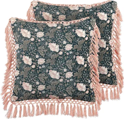 Obrázok produktu pre BELIANI Sada 2 dekoratívnych vankúšov modrá ružová bavlna zamat 45 x 45 cm kvetovaný vzor so strapcami moderný glamour štýl doplnky
