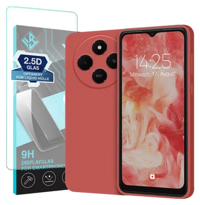 Produktbild von Hülle für Xiaomi Redmi 14C mit 9H Displayglas Displayschutz Case Cover Bumper Smartphone Softgrip Schutzhülle Farbe: Rot