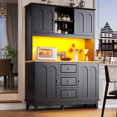 Image de OKWISH Buffet Haut Moderne avec Éclairage LED - Meuble de Rangement en MDF et Métal, 4 Portes, Noir