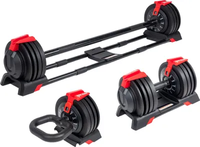 A set of adjustable dumbbells, a barbell, and a kettlebell are displayed on a white background.