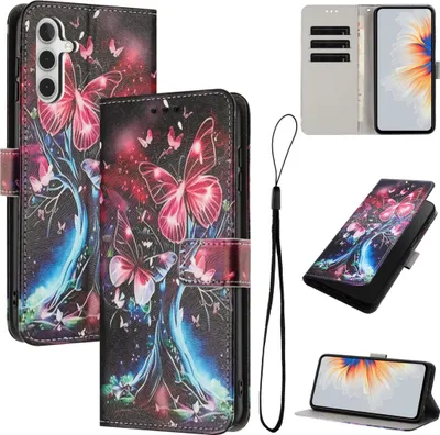 Image de Étui de protection à rabat pour Samsung Galaxy A57 5G en similicuir, motif papillon
