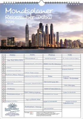 Produktbild von Reisezauber Dubai Planer Familienplaner 4 Spaltenplaner DIN A3 Kalender für 2026 Landschaft Reise Tiere Urlaub - Seelenzauber