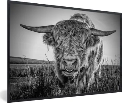 Produktbild von MuchoWow® Gerahmtes Poster Schottischer Highlander - Schwarz und Weiß 60x40 cm - Poster mit Schwarzem Bilderrahmen Wandposter Rahmen Foto Bilder - Printing - Wanddeko Schlafzimmer