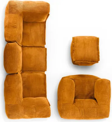 A modular seating set composed of corduroy fabric pieces, arranged on a white background.