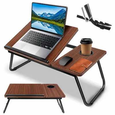Produktbild von Laptoptisch für Bett und Sofa - Höhenverstellbar & Faltbar - Betttablett Früstuckstisch - Mit Getränkehalter - Braun