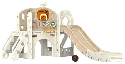Produktbild von Kinder-Spielgerüst, 7-in-1 Rutsche, Indoor Spielplatz mit Stauraum und Krabbeltunnel, 186x153x111 cm, Cremeweiß