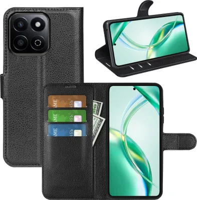 A black leather wallet-style phone case with a phone inside is shown.