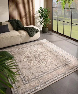 Image de Tapis d'extérieur vintage Unyqoos®, forme carrée, modèle Valenca Nova – Beige/Gris clair, 200x200 cm, en maille 3D, lavable, idéal pour terrasse et salon