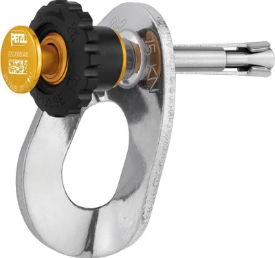 Temporärer Bohrhaken Pulse 8 mm von Petzl mit silberner Metalllasche und schwarzem Kunststoffknauf mit gelber Metallkappe