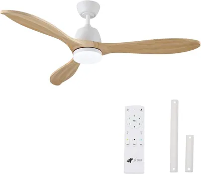 Image de Ventilateur de plafond avec éclairage LED dimmable et télécommande, moteur DC silencieux avec 6 vitesses, 3 pales en bois massif, diamètre de 132 cm, 3 températures, minuterie