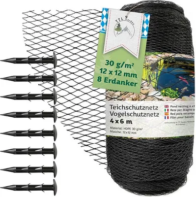Produktbild von TTL GARDEN Teichnetz 4x6m schwarz 30g/m² Vogelschutznetz HDPE engmaschig reißfest mit Bodenanker