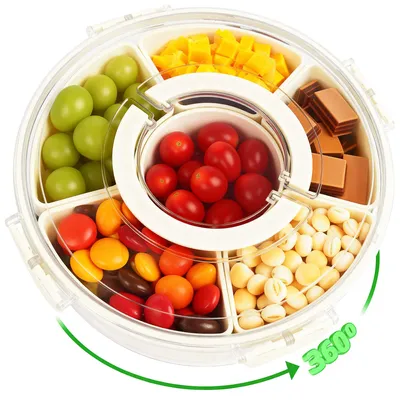 Snackbox mit 6 Fächern, rund, 30 cm, mit Deckel und Griff