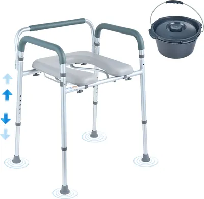 Immagine prodotto di Sedia da comodo VEVOR Sedia da notte con sedile e braccioli imbottiti, regolazione dell'altezza a 7 livelli, secchio rimovibile da 5,8 litri, facile da montare, portata 158 kg, sedile WC rialzato